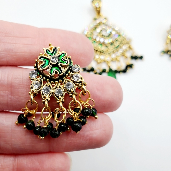 3 PC set Indian bohemian wedding kundan gold emerald jadau earrings necklace set - Picture 5 of 16